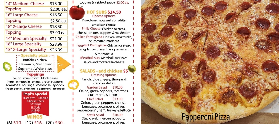Papis Pizza Menu